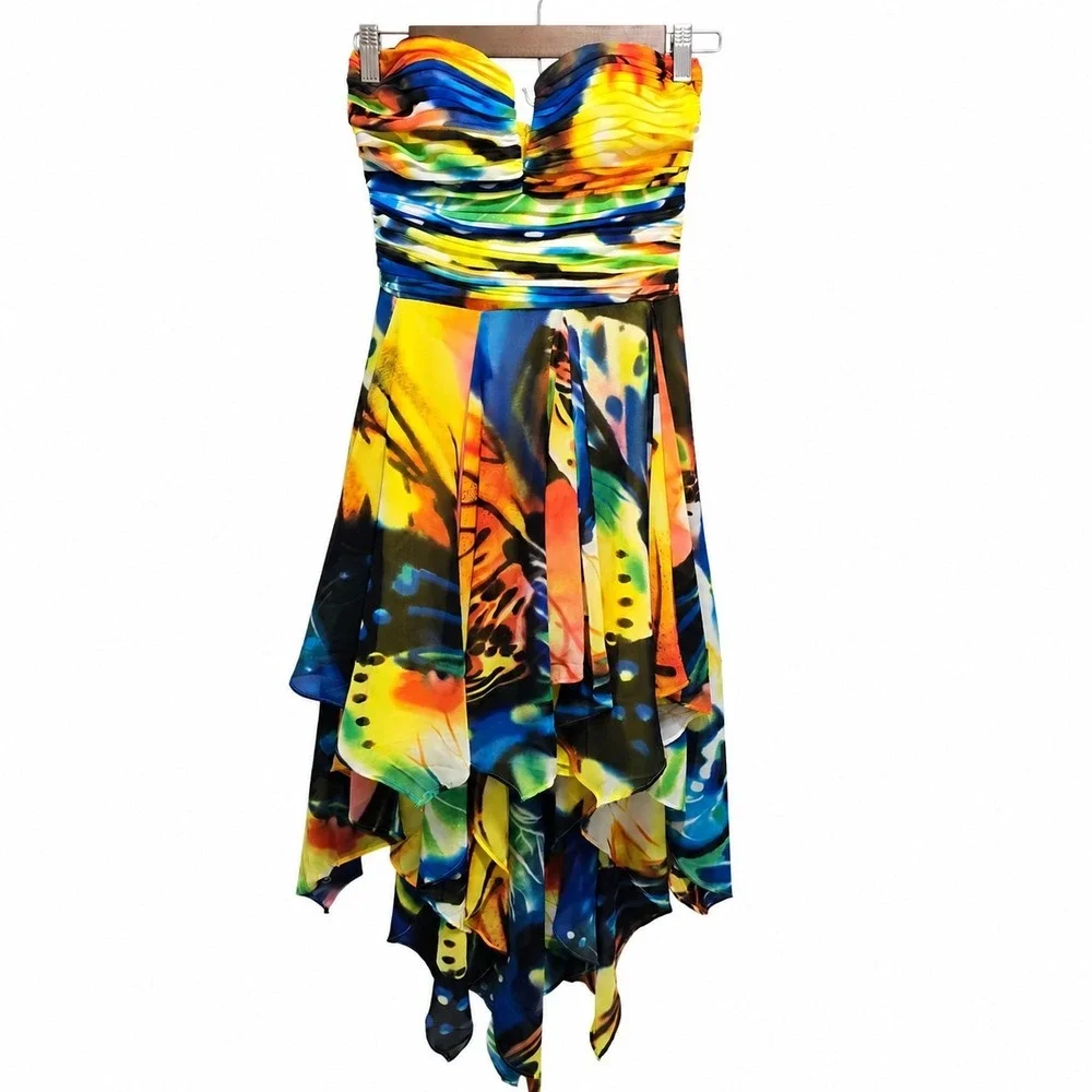 Y2K Fairy Arden B‎ XS Strapless High Low Dress Abstract Print Handkerchief Hem